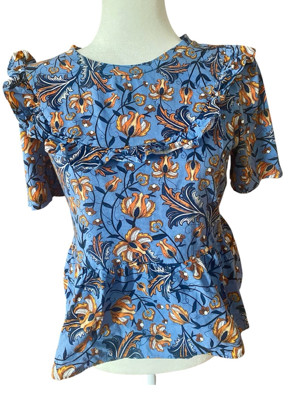 Zara Trafaluc Blue Floral Ruffle Peplum Blouse Top Size M